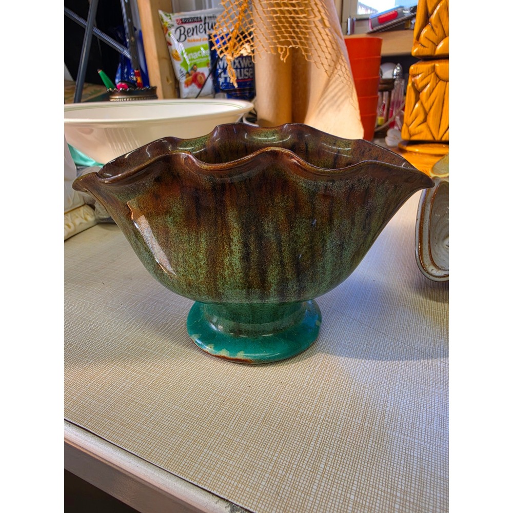 Vintage Drip Glaze Pottery Ruffled Footed Bowl Teal Brown Mid Century Style